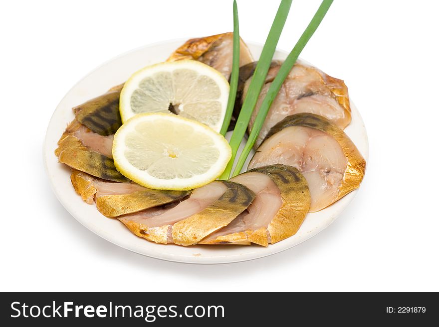 Smoked mackerel on a white background. Smoked mackerel on a white background