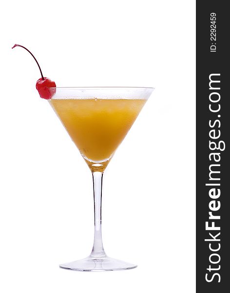 Colorful alcoholic cocktail in a martini glass against white background. Colorful alcoholic cocktail in a martini glass against white background