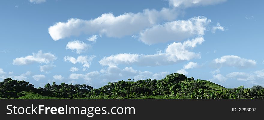 Green hills and beautiful sky - 3d scene. Green hills and beautiful sky - 3d scene