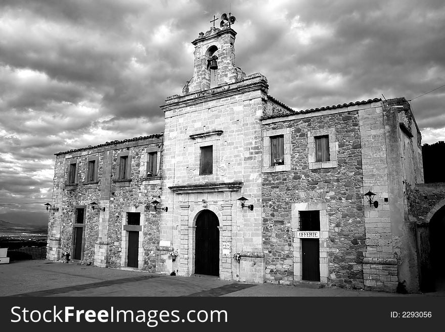 Old sicilian church in the hinterland. Black-white image.
