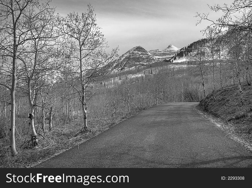 Black and white high dynamic range image of mountain road. Black and white high dynamic range image of mountain road