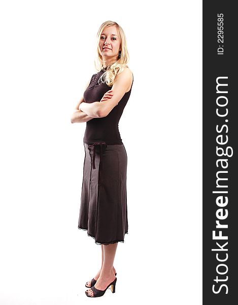 Business woman is posing against white background