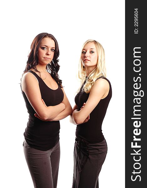 Two woman are team workers against white background. Two woman are team workers against white background