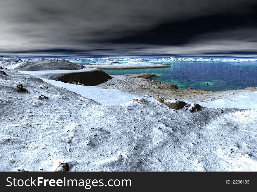 Fantasy illustration of snow, ice, water and stormy sky . Fantasy illustration of snow, ice, water and stormy sky .