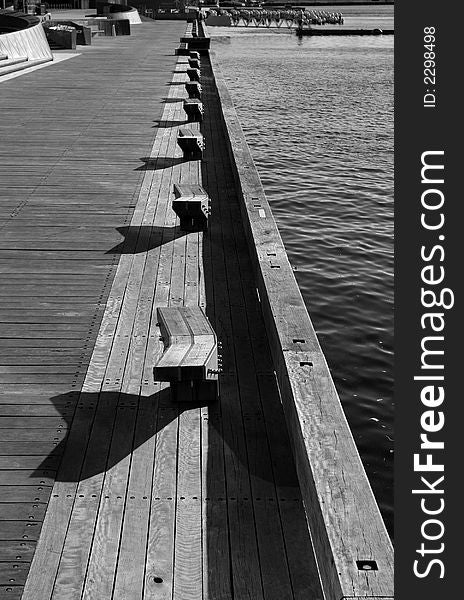 Black and white photo of pier (Docklands, Melbourne, Australia)