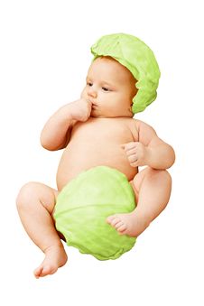 Baby Newborn In Cabbage Leaves - Isolated Stock Photography