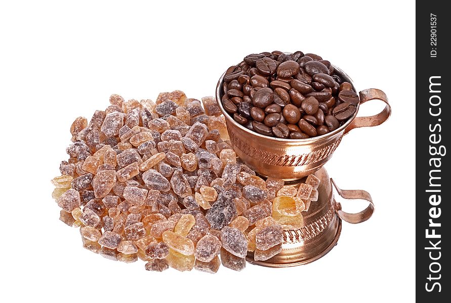 Brown sugar,Coffee beans, coffee cup, isolated white background ,reflection