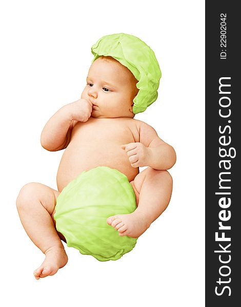 Baby Newborn In Cabbage Leaves - Isolated