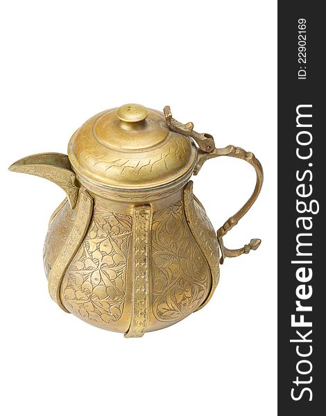 Ancient ornamental teapot, jug isolated on white background. Ancient ornamental teapot, jug isolated on white background