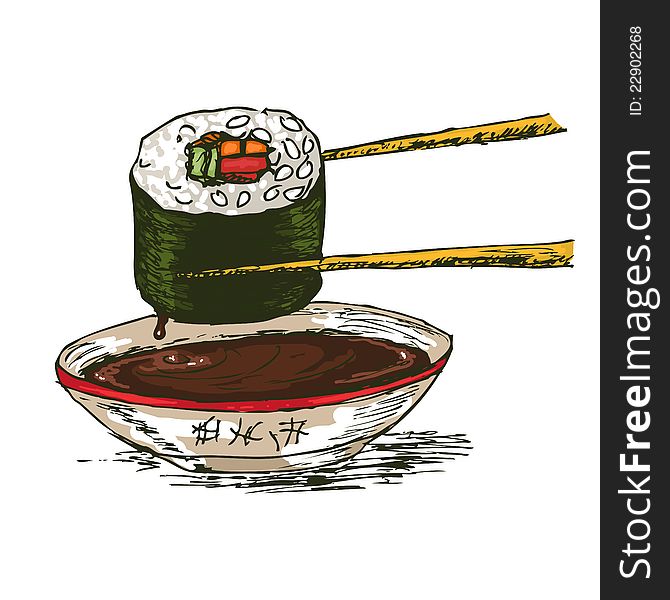 Sushi with chopsticks and soy sauce isolated over white bachkground.