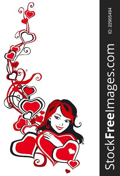 Vector Illustration with hearts, face of pretty girl and curlicues on white  backgroundrn. Vector Illustration with hearts, face of pretty girl and curlicues on white  backgroundrn