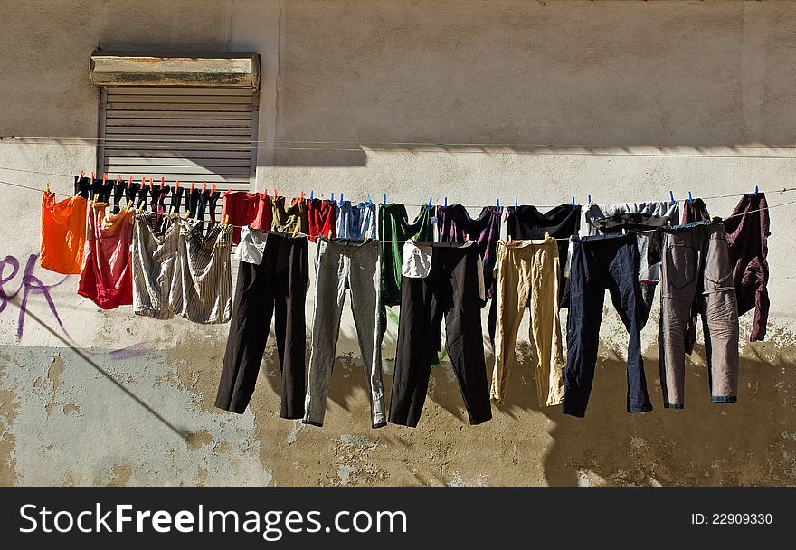 Clothes drying on a rope, taken in Lisbon, Portugal.