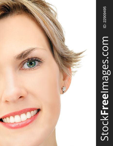 Close-up of a young beautiful caucasian blonde woman isolated over white background, developed from Raw. Close-up of a young beautiful caucasian blonde woman isolated over white background, developed from Raw