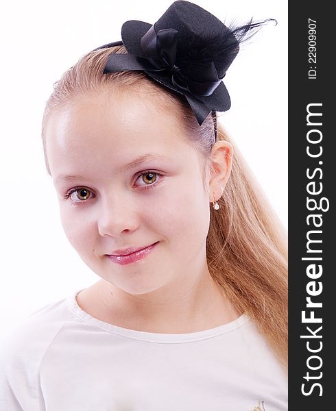 Portrait of a girl in black hat. Portrait of a girl in black hat