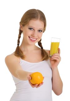 Beautiful Girl Full Of Life With Orange Juice Stock Photos
