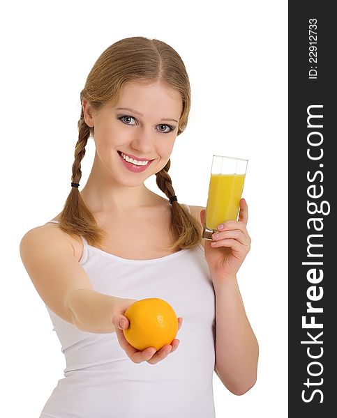Beautiful young woman full of life with orange juice isolated on white background. Beautiful young woman full of life with orange juice isolated on white background