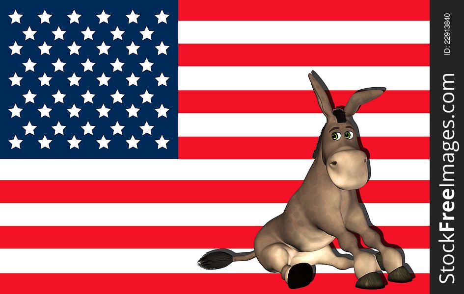 Illustration of a donkey in front of the united states of america flag. Illustration of a donkey in front of the united states of america flag