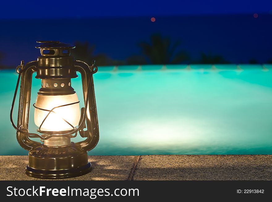 Lamp and jacuzzi outdoor with night views. Lamp and jacuzzi outdoor with night views