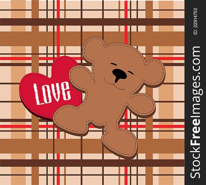 Bear with heart on the background of striped fabric