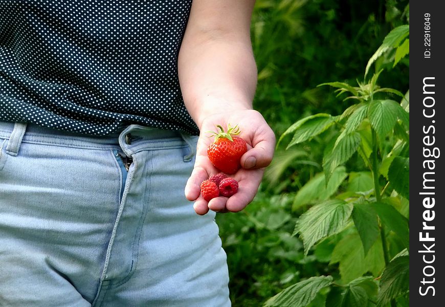 Woman holding strawberries and raspberries in the palm of your hands