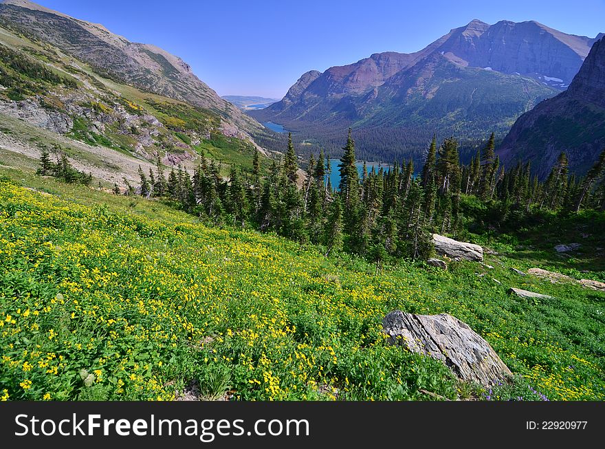 A shot of Grinnell Valley with Lower Grinnell Lake visible and Lake Josephine faintly visible in the far distance. A shot of Grinnell Valley with Lower Grinnell Lake visible and Lake Josephine faintly visible in the far distance.