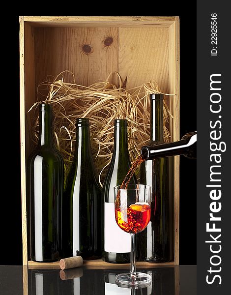 Wine composition with wine cask on background