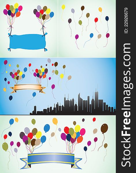 Colorful balloons, blank or empty banners and ribbons. Can be used for birthday cards, other party occasions. CMYK global process colors used. Organized by layers. AI EPS 8 Vector. Colorful balloons, blank or empty banners and ribbons. Can be used for birthday cards, other party occasions. CMYK global process colors used. Organized by layers. AI EPS 8 Vector.