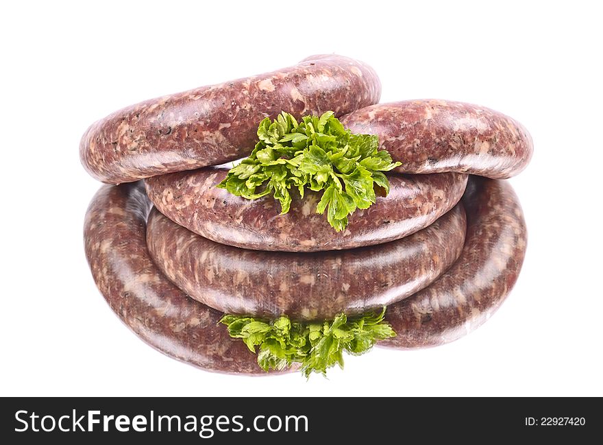 Raw sausage, arranged, reflection, white background