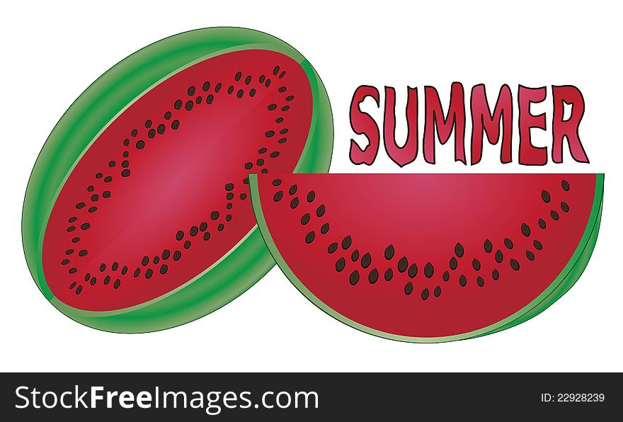 Illustration of water melon isolated on white with summer sign