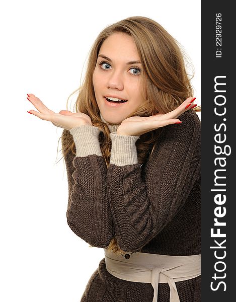 Woman whispering gossip on a white background