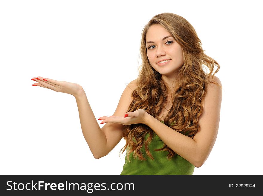 Woman presenting something imaginary over white. Woman presenting something imaginary over white