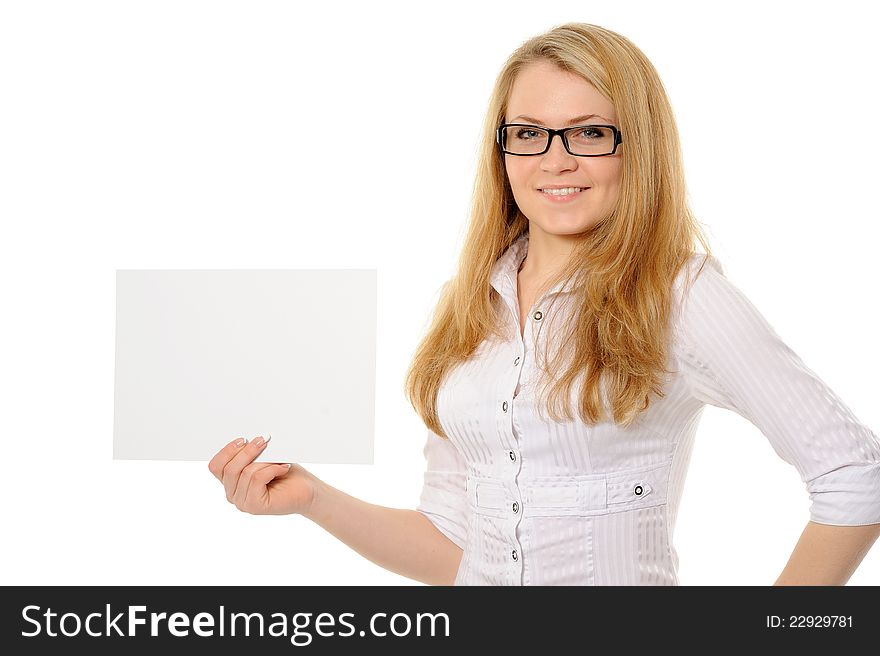 Young woman holding empty white board on a white background