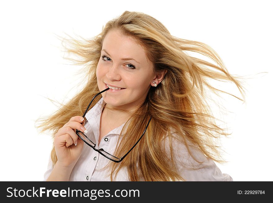 Girl with hair fluttering in the wind