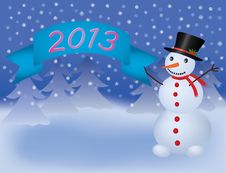 Snowman With Banner Scroll 2013 Royalty Free Stock Photography