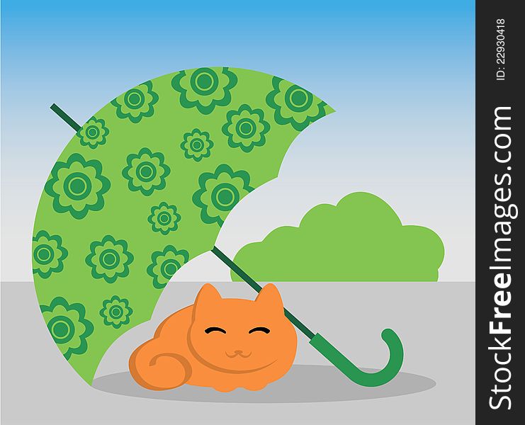 Cartoon illustration with cat and green umbrella. Cartoon illustration with cat and green umbrella