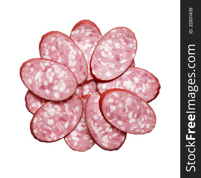 Sliced salami on white background. Isolated with clipping path