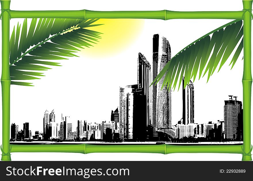 Panorama of city in the decorative bamboo frame