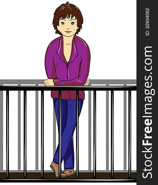 Image of a boy on a white background, which is based on the railing.