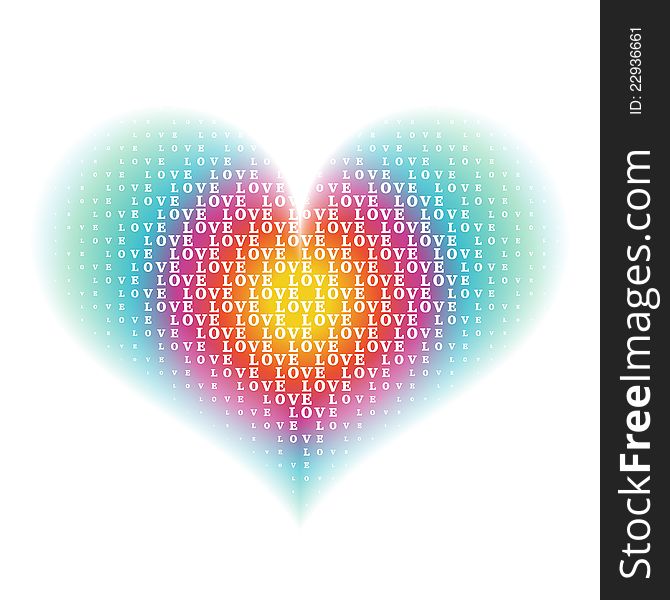 love word characters on gradient rainbow heart shape background. love word characters on gradient rainbow heart shape background