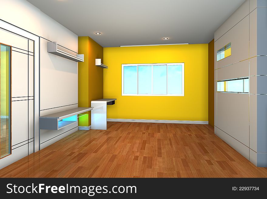 Empty interior for bedroom with yellow wall.