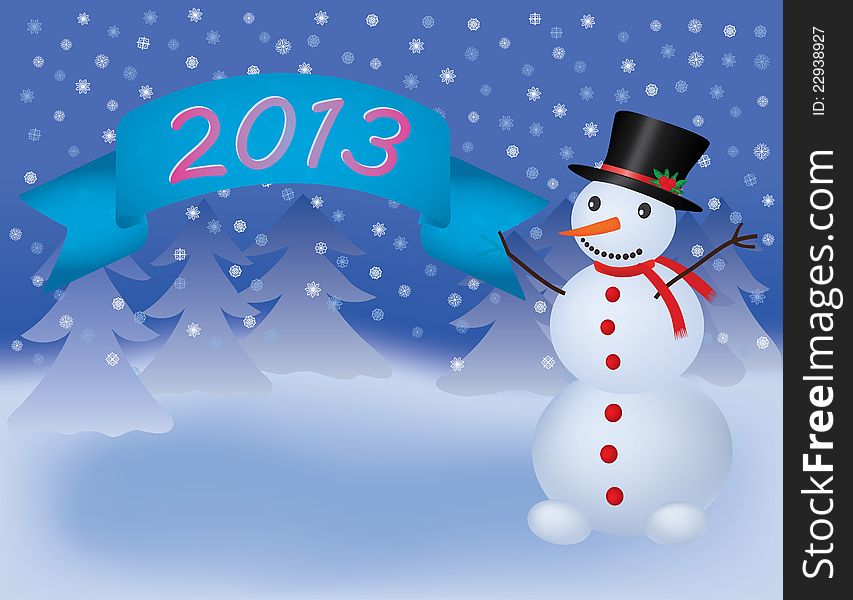 Snowman with banner scroll 2013 vector illustration