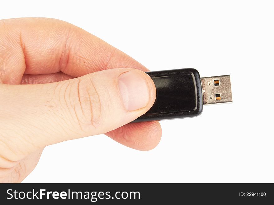 USB flash card in hand isolated on white