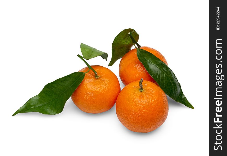Fruit of a tangerine with green leaves on a white background. Fruit of a tangerine with green leaves on a white background.
