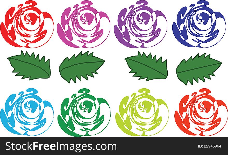 Eight varicoloured abstract roses and four green sheets. Eight varicoloured abstract roses and four green sheets