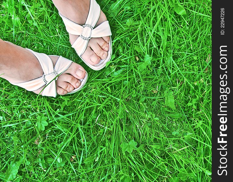 Female foots on wild grass
