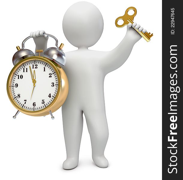 People with an alarm clock and a key, on a white background, 3d render