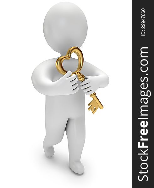 Person holds the golden key, on a white background, 3d render