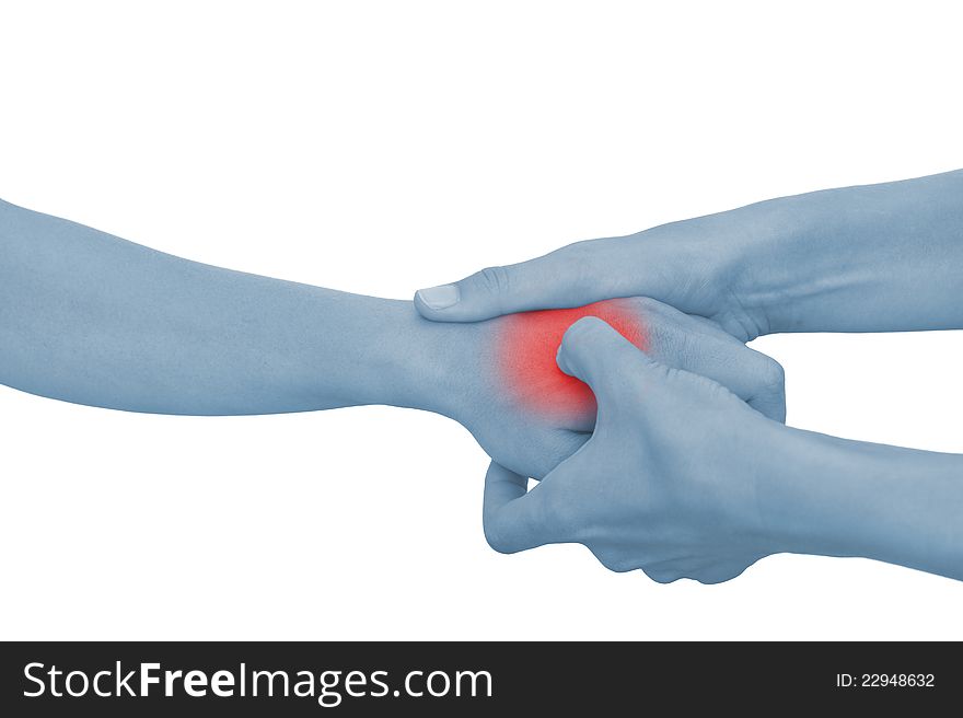Acute pain in a woman palm. Isolation on a white background.