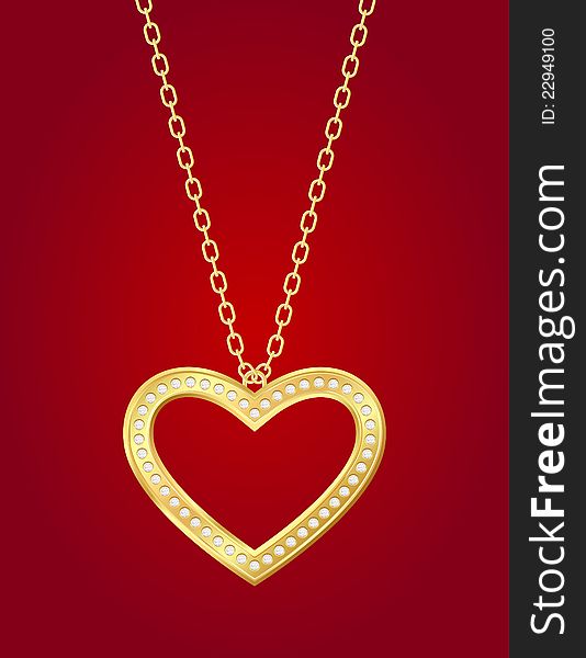 Necklace with golden heart and brilliants on a red background