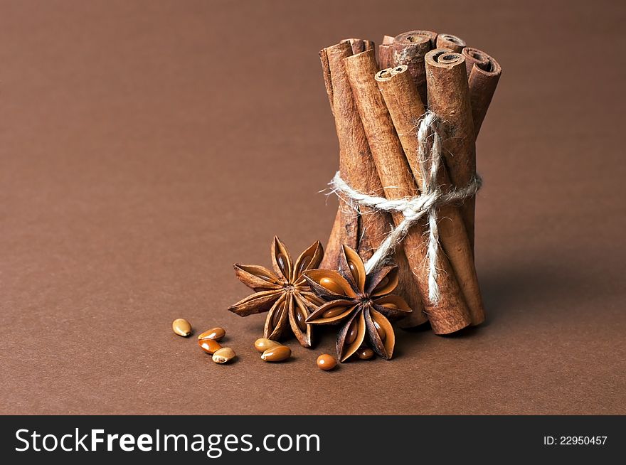 Cinnamon stick and anise stars on brown background